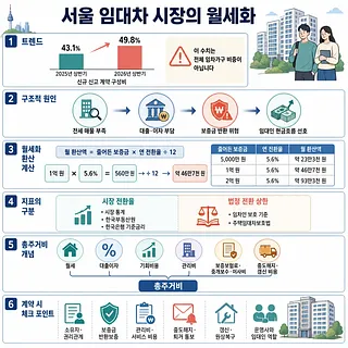 서울 임대차 시장의 월세화 추세, 원인, 환산 계산, 총주거비와 계약 점검 항목을 정리한 인포그래픽