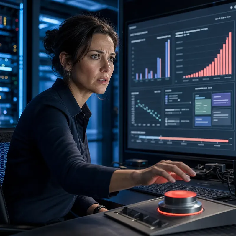 Woman reviewing a data dashboard in a server room with her hand near a red control button
