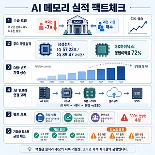 AI 메모리 실적 팩트체크 인포그래픽, 외국인 매도·반도체 실적·가격 상승·리스크 요약