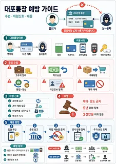 대포통장의 정의, 주요 수법, 위험 신호, 처벌과 대응 방법을 정리한 한국어 인포그래픽