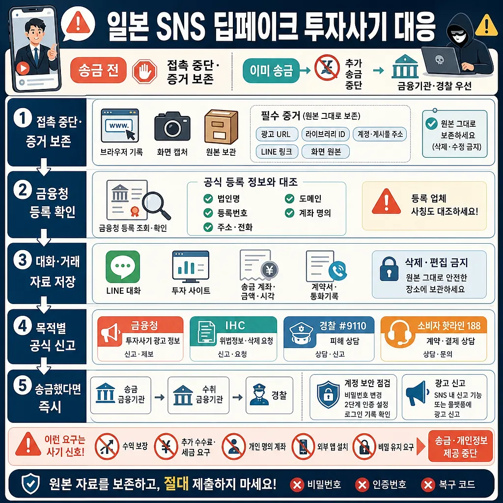 일본 SNS 딥페이크 투자사기 대응 5단계와 증거 보존·신고 기관을 안내하는 인포그래픽