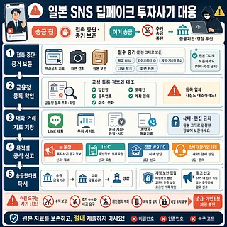 일본 SNS 딥페이크 투자사기 대응 5단계와 증거 보존·신고 기관을 안내하는 인포그래픽