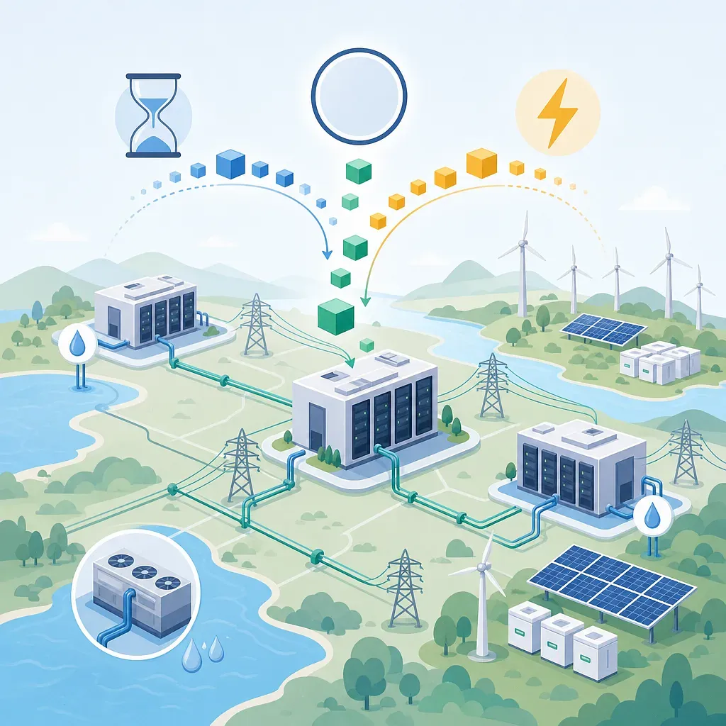 送電線と冷却水配管でつながるデータセンター、太陽光・風力設備と電力アイコン