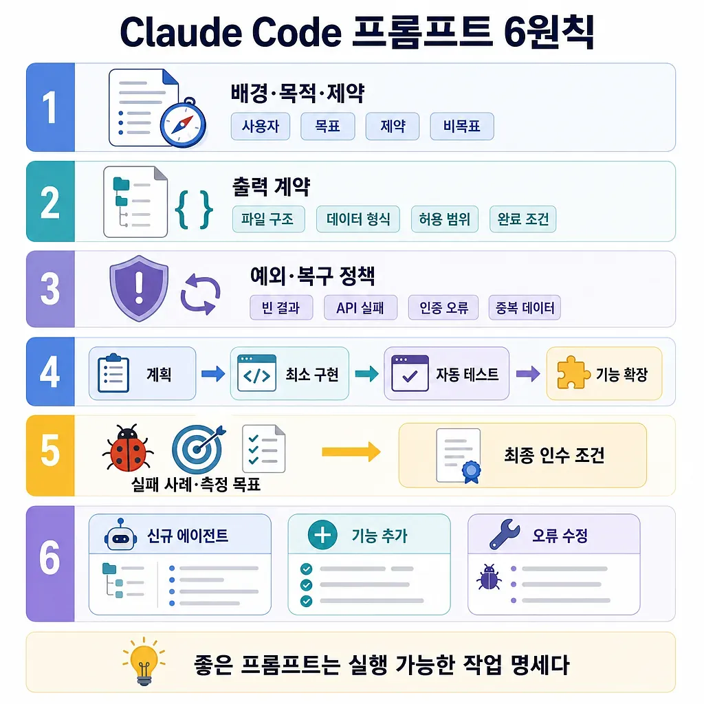 Claude Code 프롬프트 6원칙을 아이콘과 단계별 항목으로 정리한 인포그래픽