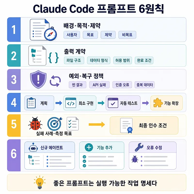 Claude Code 프롬프트 6원칙을 아이콘과 단계별 항목으로 정리한 인포그래픽
