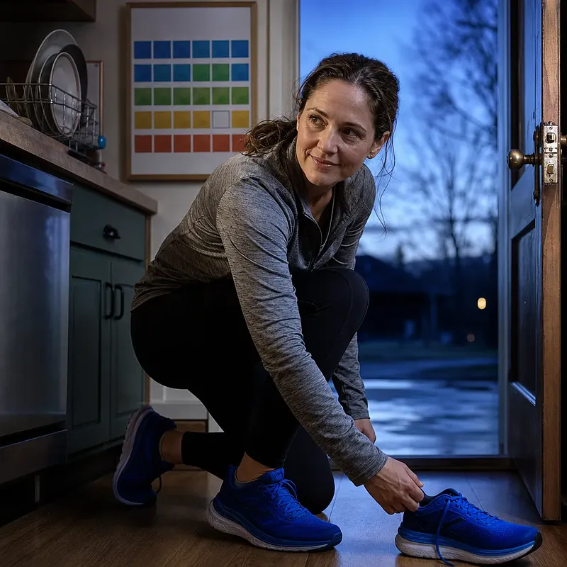 Mujer atándose unas zapatillas azules junto a la puerta abierta