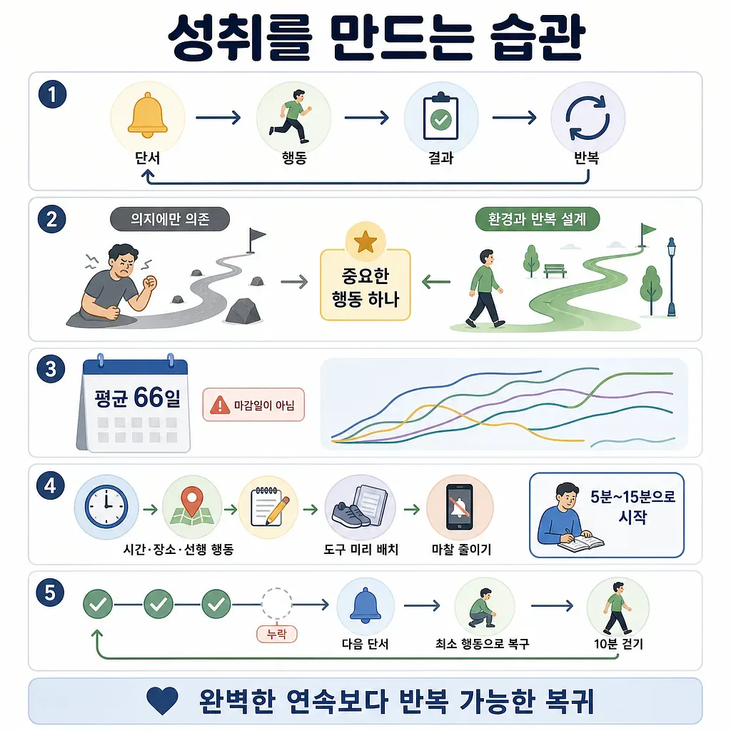 단서·행동·결과·반복과 환경 설계, 66일, 작은 시작, 누락 후 복귀를 설명하는 5단계 습관 인포그래픽