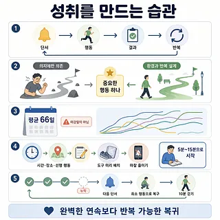 단서·행동·결과·반복과 환경 설계, 66일, 작은 시작, 누락 후 복귀를 설명하는 5단계 습관 인포그래픽