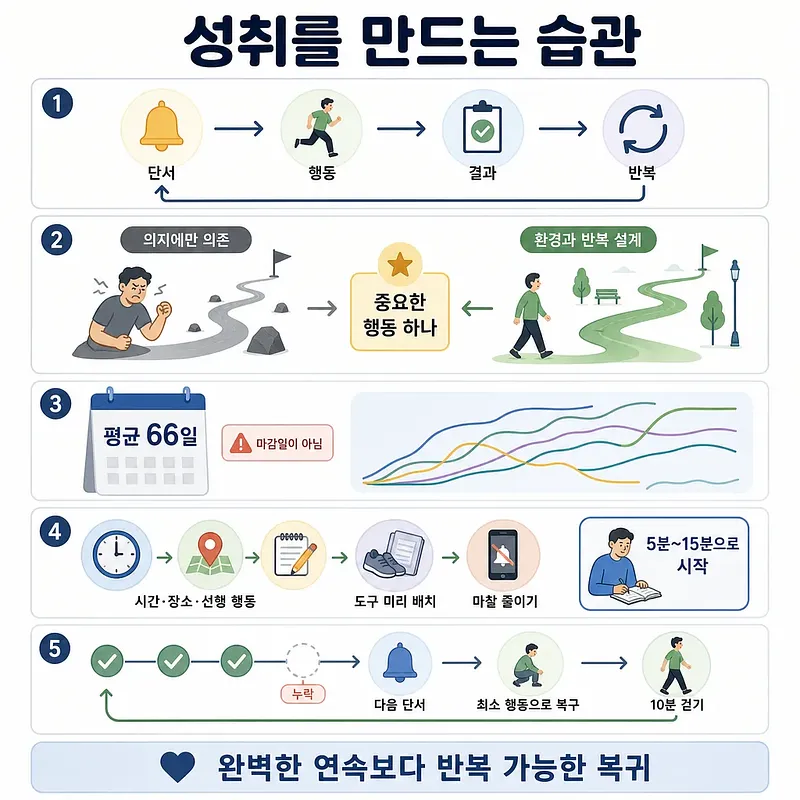 단서·행동·결과·반복과 환경 설계, 66일, 작은 시작, 누락 후 복귀를 설명하는 5단계 습관 인포그래픽