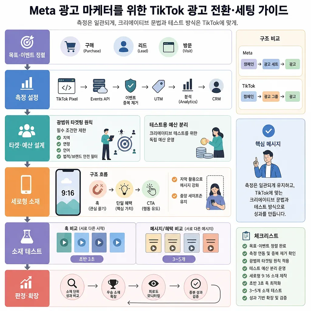 Meta 광고 마케터를 위한 TikTok 광고 전환·세팅 6단계와 체크리스트 인포그래픽