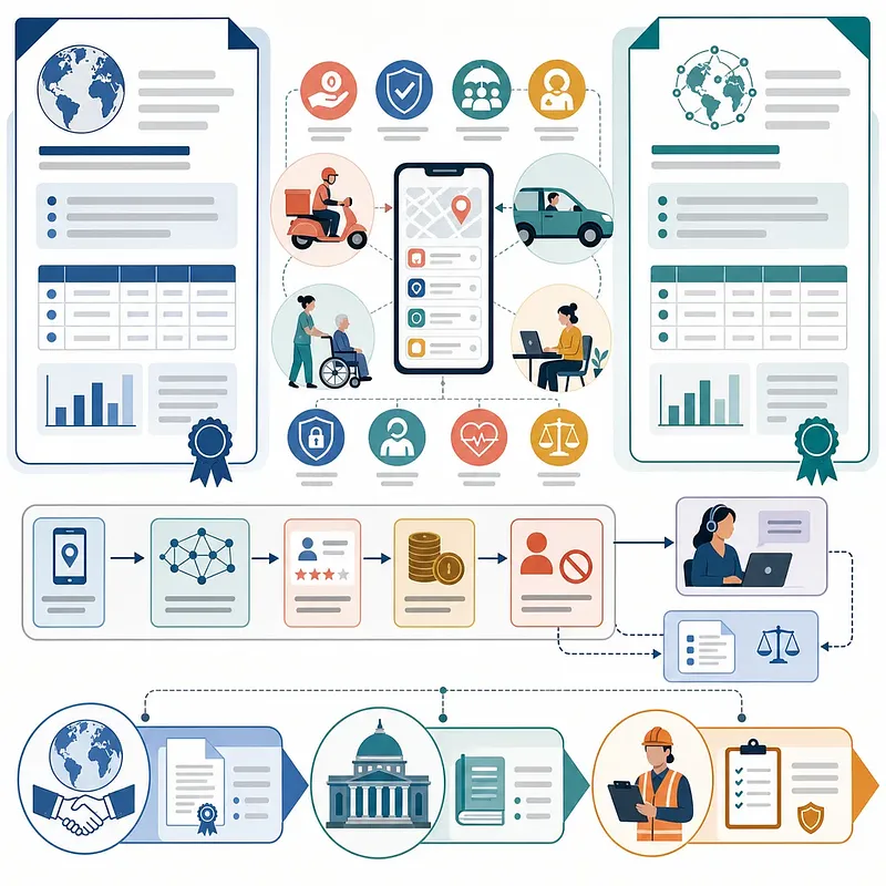 Infografía sobre una app de plataforma, trabajadores, normas internacionales y protección laboral