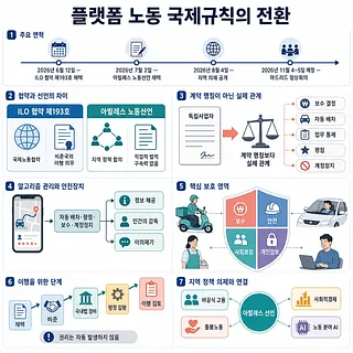 플랫폼 노동 국제규칙의 연혁과 협약·선언의 차이, 알고리즘 관리 및 보호 영역을 정리한 인포그래픽