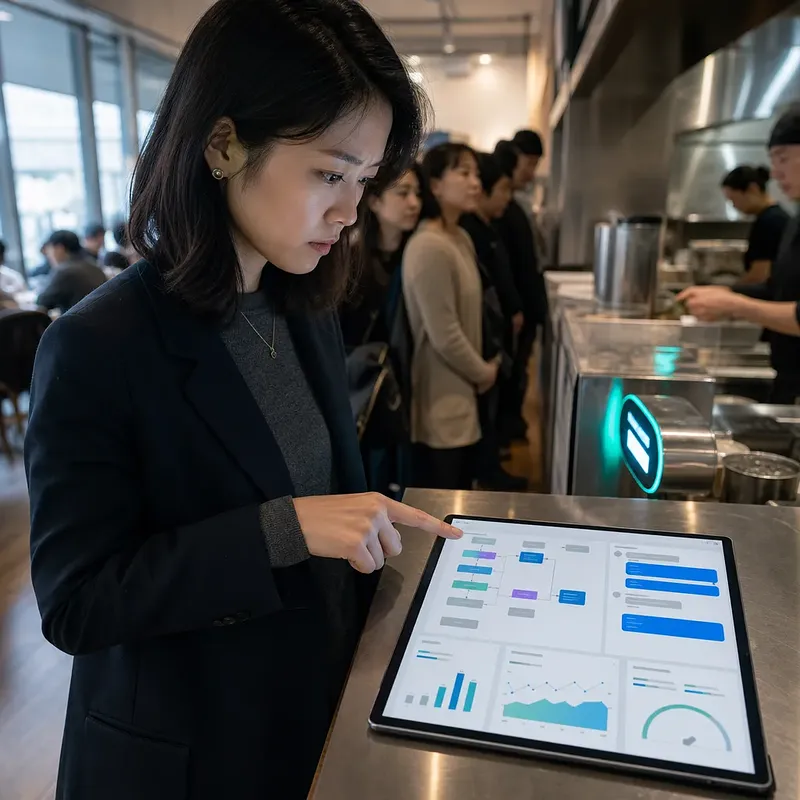 Mujer usando una tableta con un panel de análisis en el mostrador de un restaurante