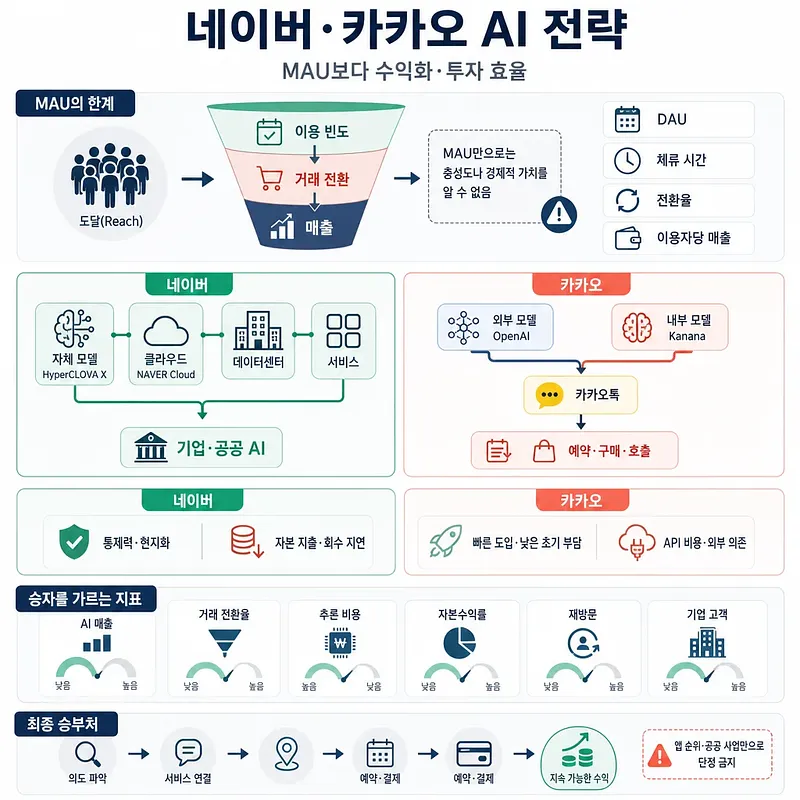 네이버와 카카오의 AI 구조, 수익화 경로, 투자 효율 지표를 비교한 인포그래픽