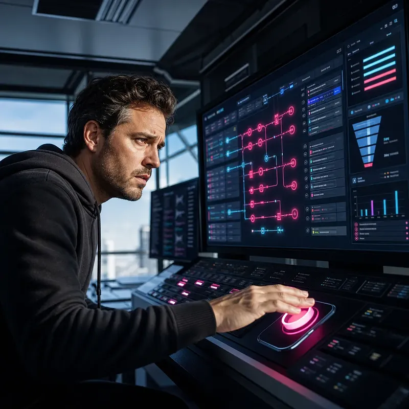 Hombre usando un control luminoso ante pantallas con flujos de automatización y gráficos