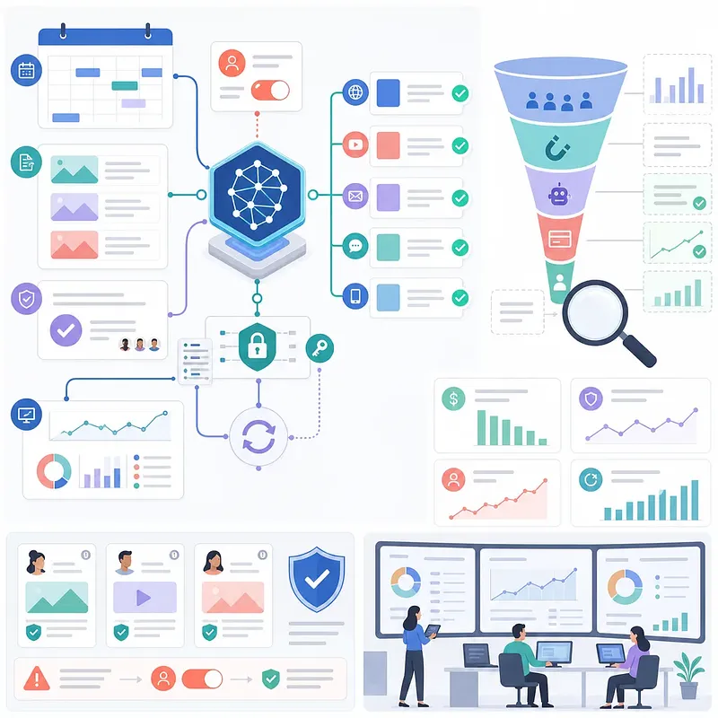 AI 자동화 워크플로, 전환 퍼널, 데이터 분석 대시보드를 연결한 SaaS 성장 전략 도식