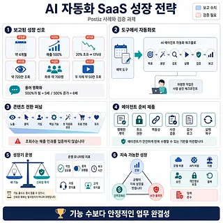AI 자동화 SaaS 성장 전략을 성장 신호, 자동화, 전환 퍼널, 준비 제품, 운영, 지속 성장으로 정리한 인포그래픽