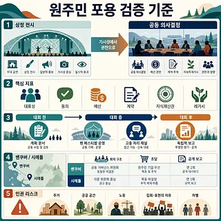 원주민 포용 검증 기준을 단계, 지표, 도시 사례, 인권 리스크로 정리한 인포그래픽