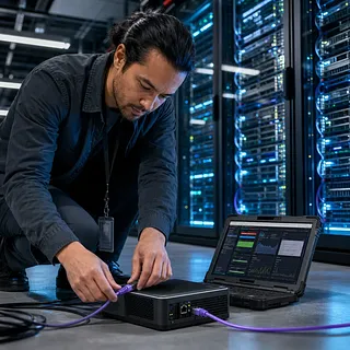 Técnico de centro de datos conectando un cable a un equipo compacto junto a servidores
