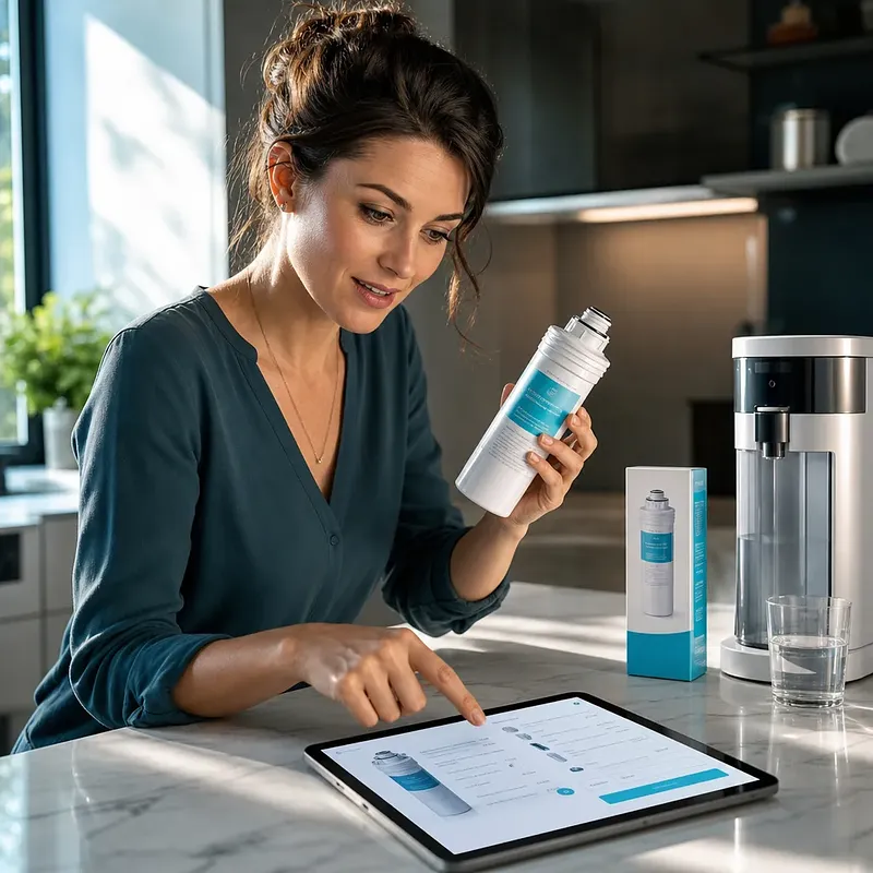 Mujer con un filtro de agua consultando la página del producto en una tableta
