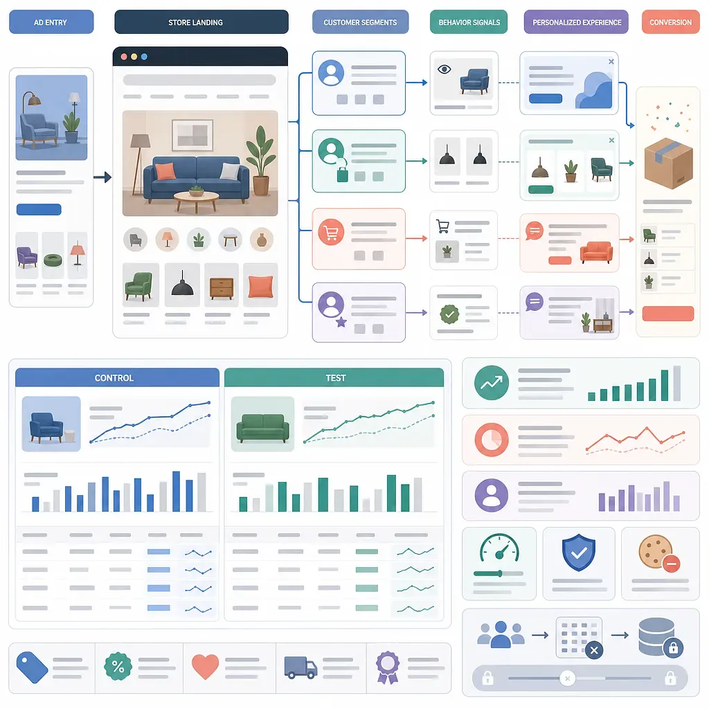 Flujo de marketing desde el anuncio hasta la segmentación, las señales, la personalización y la conversión