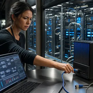 サーバールームで小型コンピューターにネットワークケーブルを接続する女性技術者