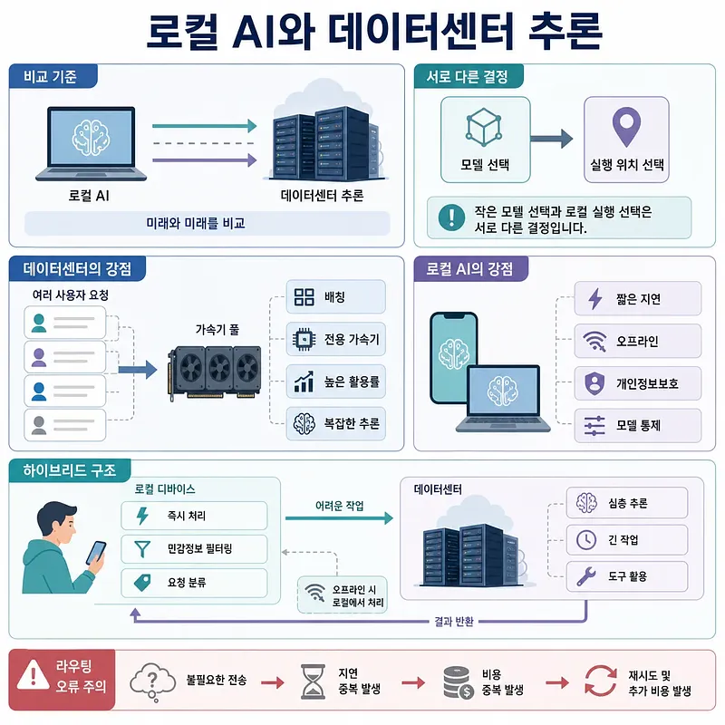 로컬 AI와 데이터센터 추론의 장점, 하이브리드 구조, 라우팅 오류를 비교한 인포그래픽