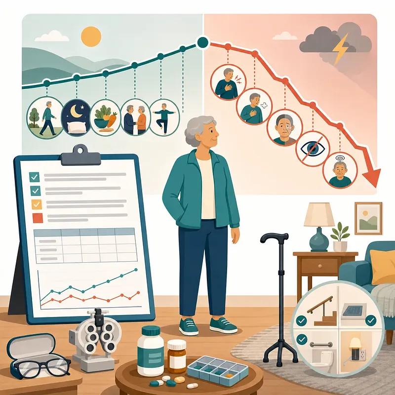 Older adult with charts comparing healthy aging habits and warning signs such as chest pain and vision loss
