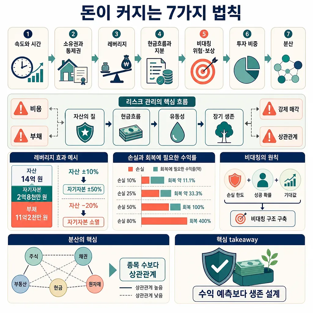 돈이 커지는 7가지 법칙과 리스크 관리, 레버리지, 분산 원칙을 설명한 인포그래픽