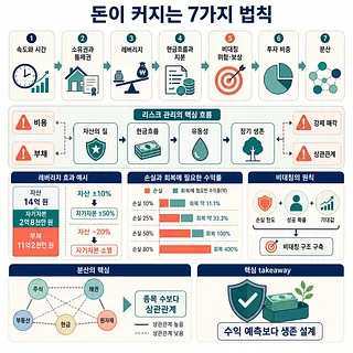 돈이 커지는 7가지 법칙과 리스크 관리, 레버리지, 분산 원칙을 설명한 인포그래픽