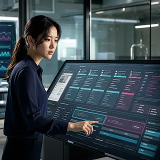 オフィスで大型タッチスクリーンの分析ダッシュボードを操作する女性