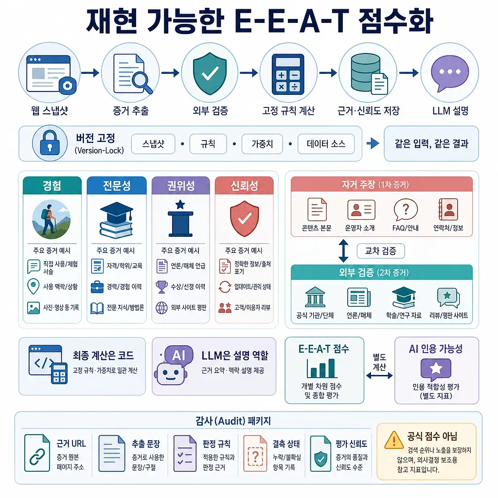 웹 스냅샷부터 검증, 규칙 계산, E-E-A-T 점수와 감사 패키지까지 보여주는 한국어 인포그래픽