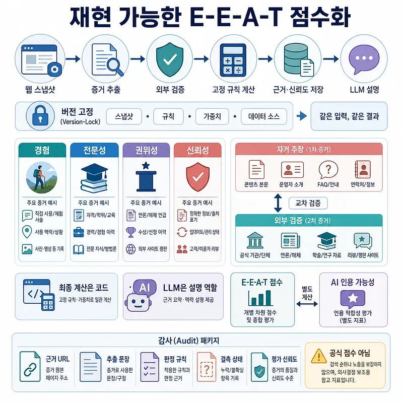 웹 스냅샷부터 검증, 규칙 계산, E-E-A-T 점수와 감사 패키지까지 보여주는 한국어 인포그래픽