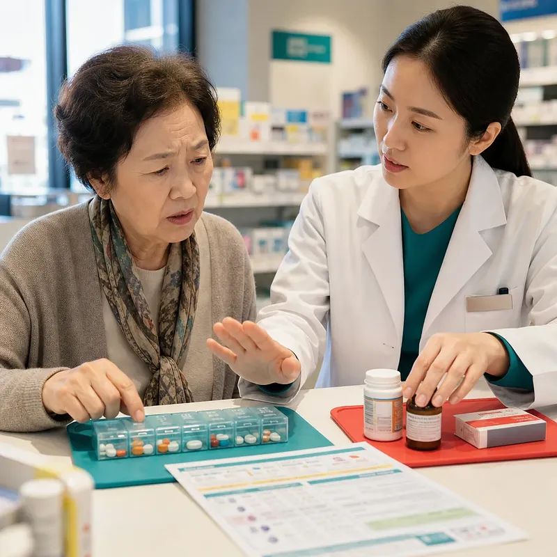 Pharmacist reviewing a pill organizer and medicine bottles with an older woman