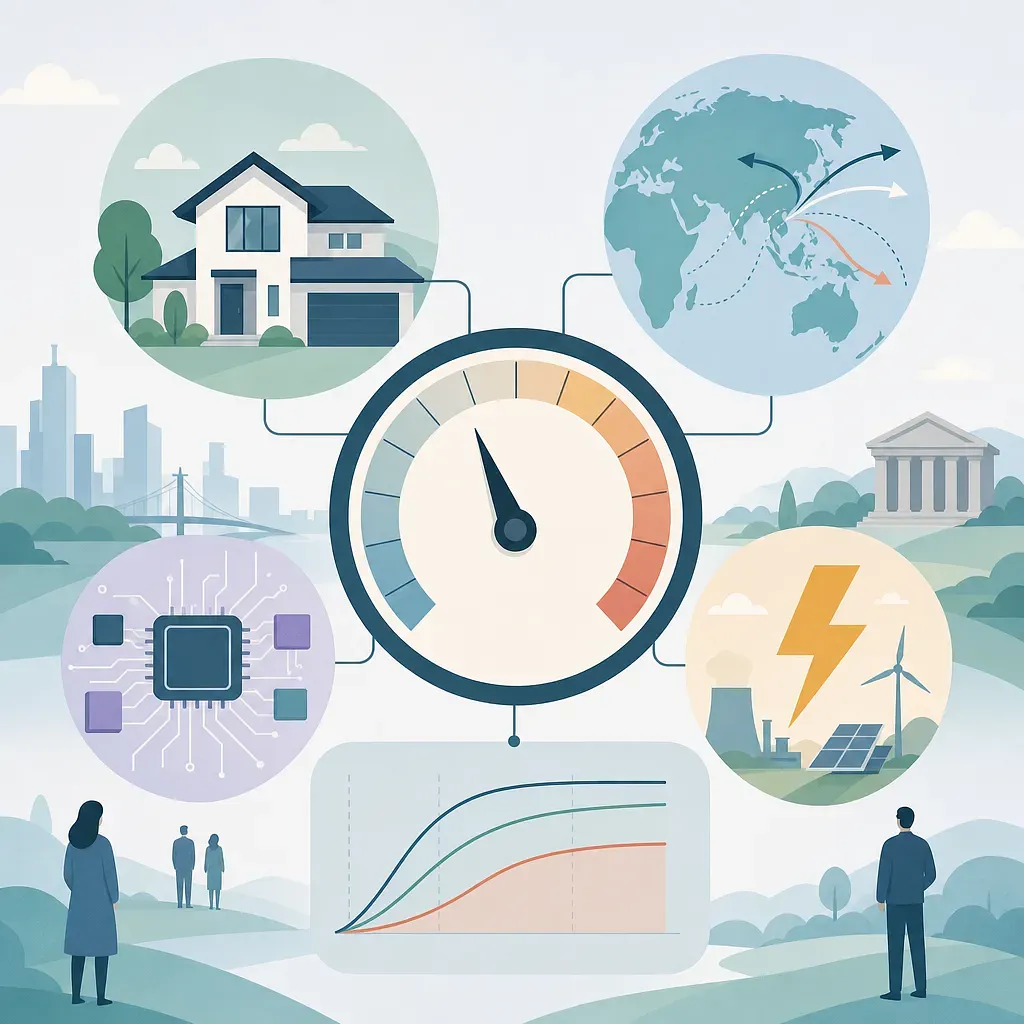 Ilustración económica con un medidor de tasas conectado a vivienda, comercio, chips, energía y crecimiento
