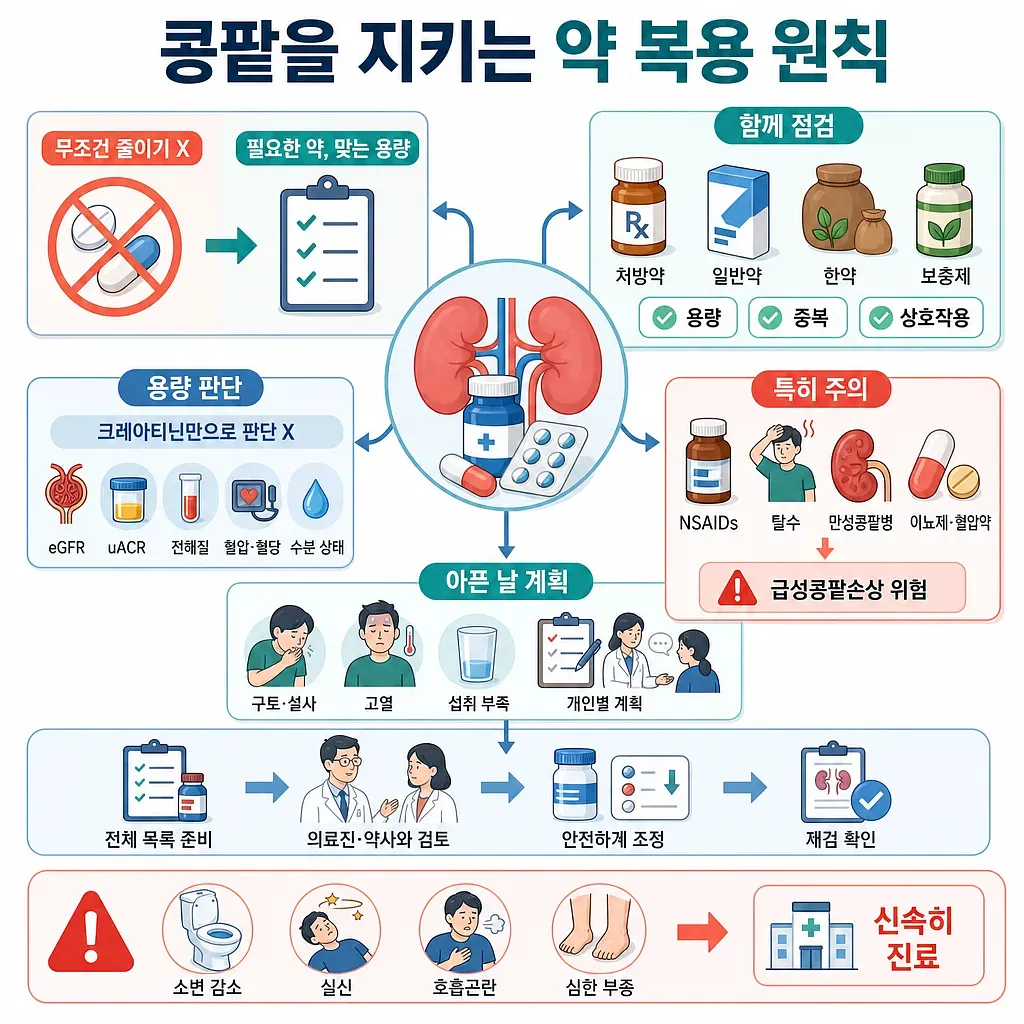 콩팥과 약을 중심으로 약물 점검, 용량 판단, 아픈 날 대처와 응급 증상을 안내하는 인포그래픽