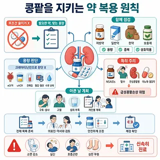 콩팥과 약을 중심으로 약물 점검, 용량 판단, 아픈 날 대처와 응급 증상을 안내하는 인포그래픽