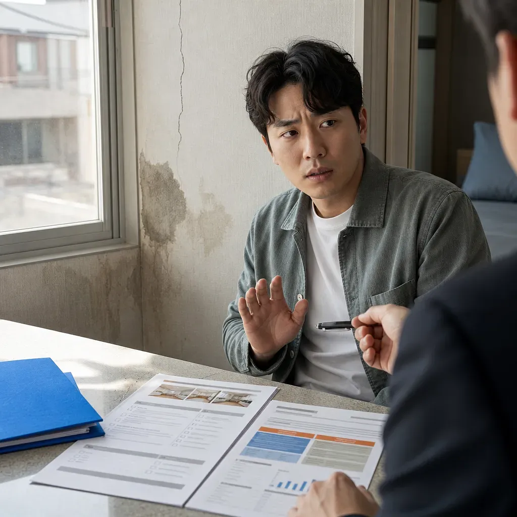 벽의 균열과 습기 자국 옆에서 주택 서류를 두고 상담하는 청년