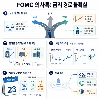 FOMC 의사록의 금리 경로 불확실성을 설명하는 한국어 인포그래픽