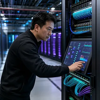 Engineer operating a touchscreen dashboard on a server rack in a data center