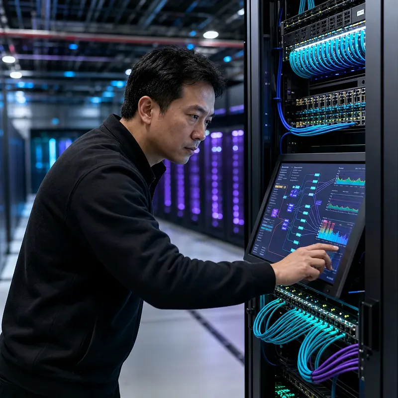 Ingeniero usando un panel táctil en un rack de servidores de un centro de datos