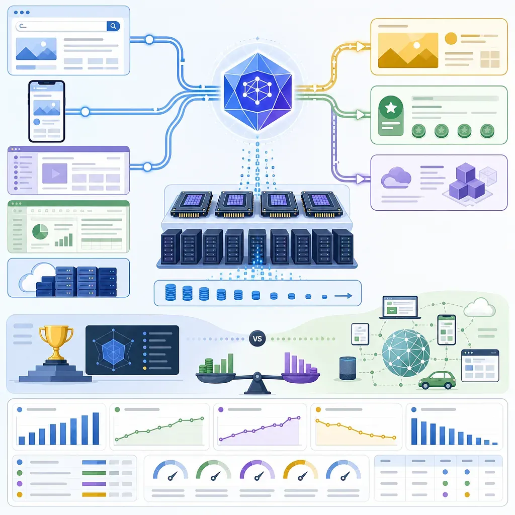 Infografía que conecta un modelo de IA con aplicaciones, chips, servidores, servicios y métricas de costes