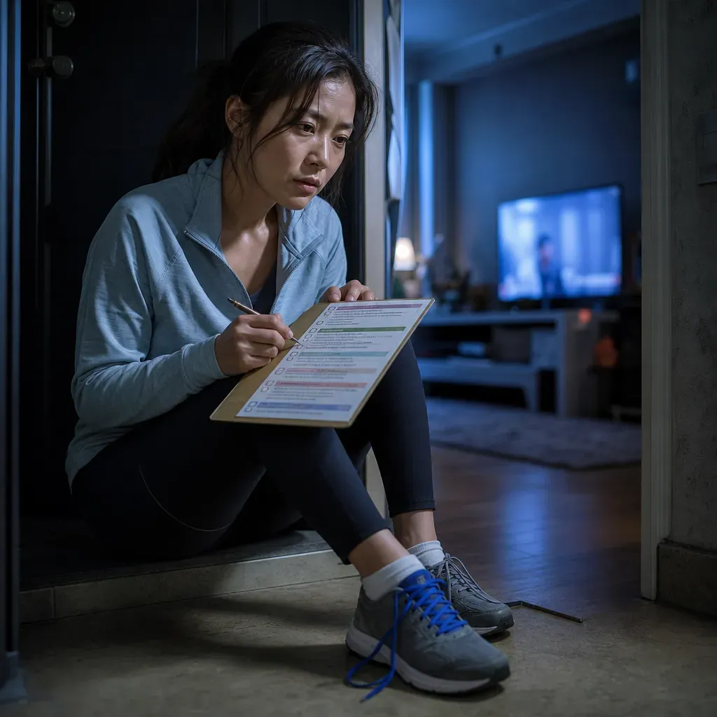 운동복 차림으로 현관에 앉아 체크리스트를 작성하는 지친 표정의 여성