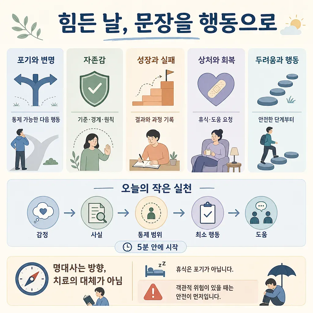 힘든 날 문장을 행동으로 옮기는 다섯 가지 방법과 작은 실천 단계를 정리한 한국어 인포그래픽