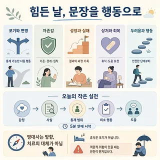 힘든 날 문장을 행동으로 옮기는 다섯 가지 방법과 작은 실천 단계를 정리한 한국어 인포그래픽