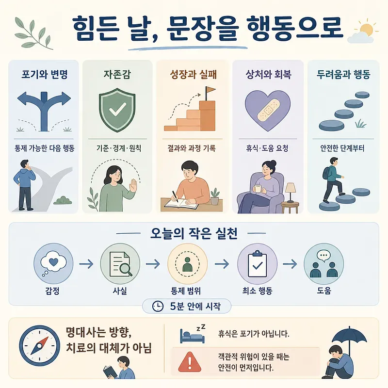 힘든 날 문장을 행동으로 옮기는 다섯 가지 방법과 작은 실천 단계를 정리한 한국어 인포그래픽