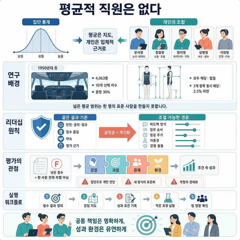 평균적 직원은 없다는 주제로 개인 차이, 맞춤형 리더십, 평가와 실행 절차를 정리한 인포그래픽