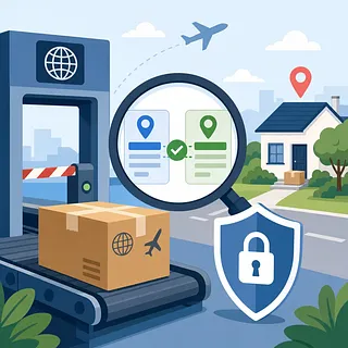 Customs and delivery verification with parcel, address check, house, and security shield