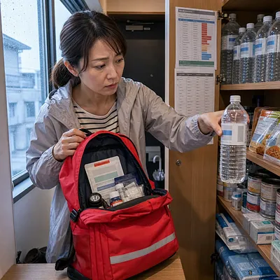 Mujer sacando agua embotellada de un armario mientras prepara una mochila roja de emergencia