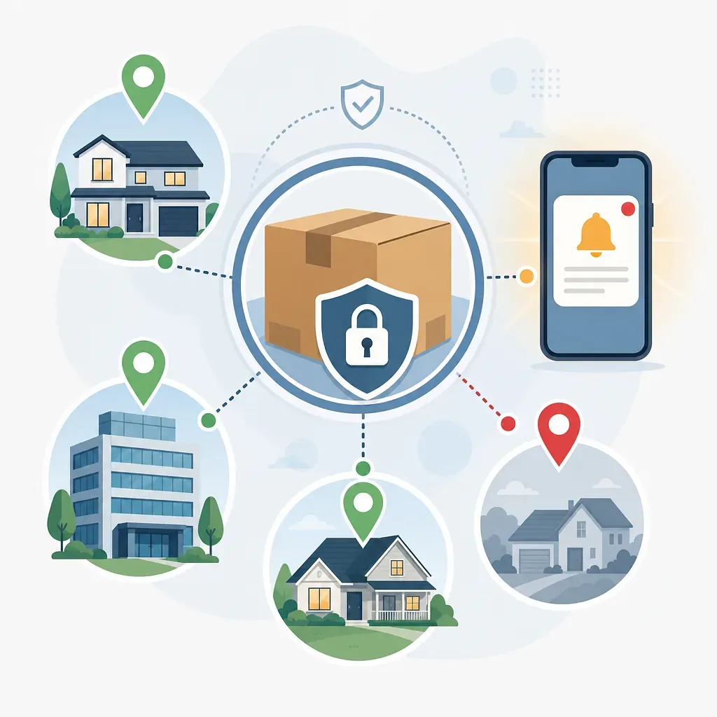 Secure parcel with address pins, homes, office building, and phone notification